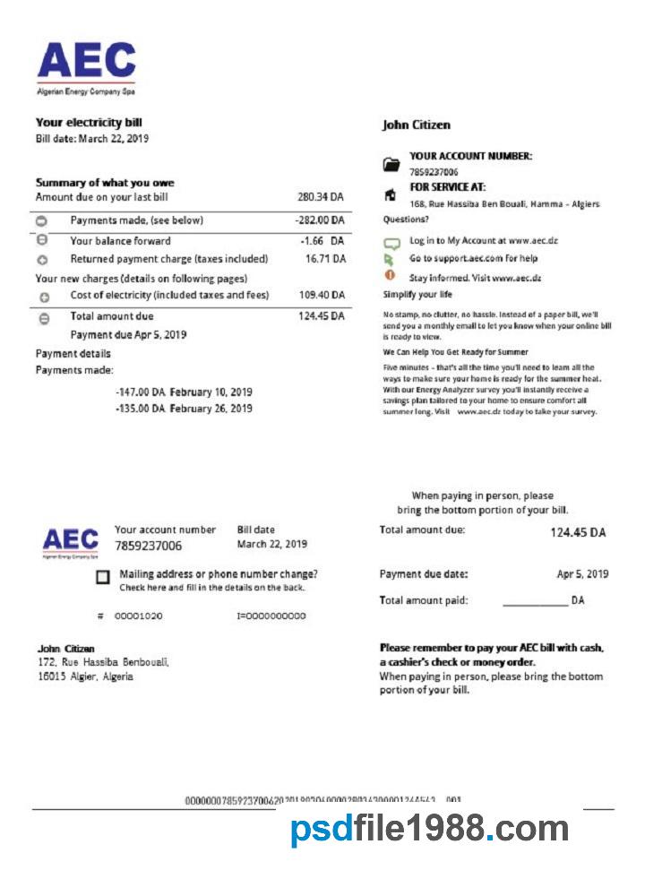 Algeria AEC Algerian Energy Company Utility Bill